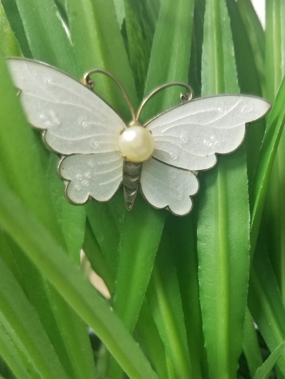 White Butterfly Brooch With Pearl Accent